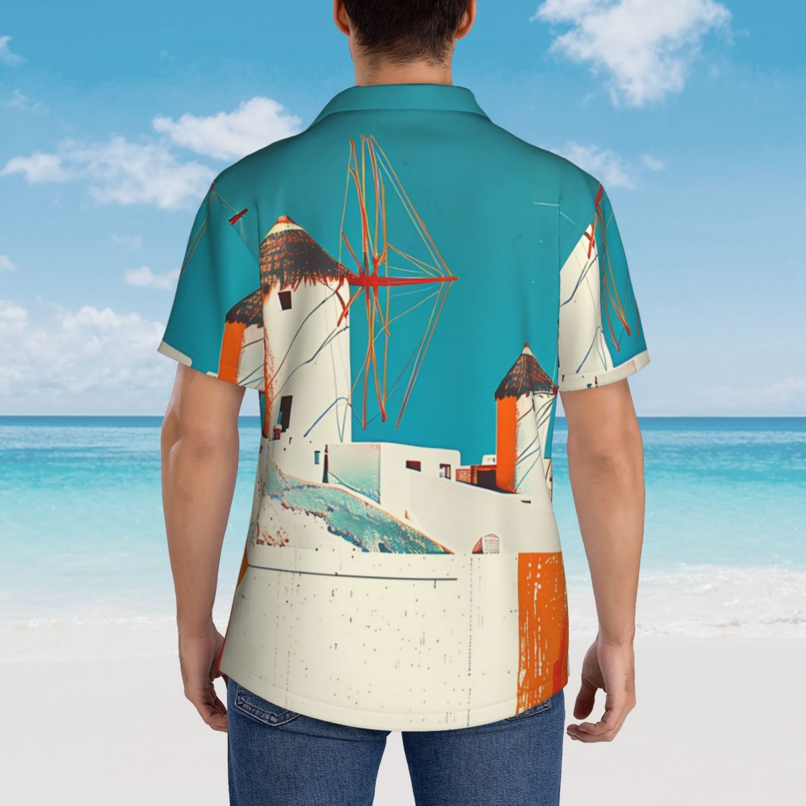 Logiee Colorful Greek Windmills Print Mens Hawaiian Shirts,Loose-Fit Short Sleeve Button Down Tropical Aloha Beach Shirt,Summer Vacation Wedding Tops,X-Large