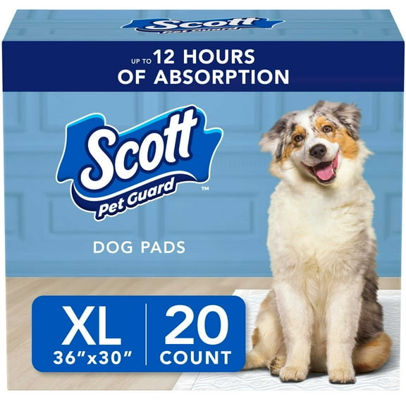 Scott Pet Guard Dog Pads - Dog Training Pee Pads for Puppies, Medium & Large Dogs - Up to 12 Hour Absorbent Odor Control - Easily Disposable Dog Pee Pads - Size XL - 30" x 36" - 20 Pack of Pet Pads