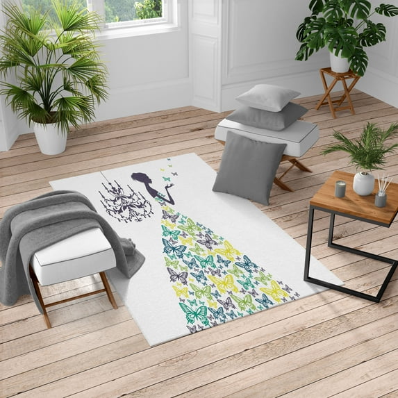 Vintage Turkish Area Rug, Love Country Wedding Themed Romantic Butterflies Cartoon Retro Parisienne, Soft Carpet for Living Room Decor with Distressed Look, 6.6' X 9.6', Jade Green, by Ambesonne