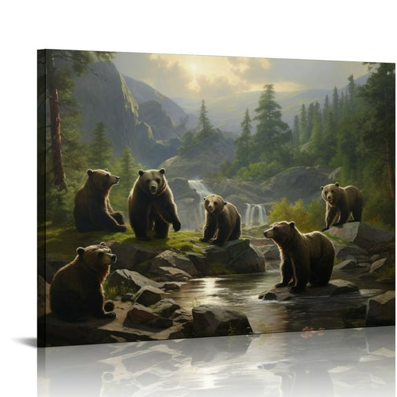 EastSmooth Firstwallart Bears Play in Forest Broken Tree Wall Art Painting The Picture Print On Canvas Animal Pictures for Home Decor Decoration Gift