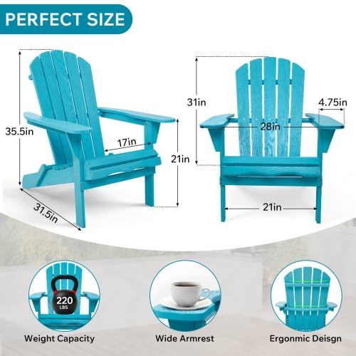 Embossed Wooden Outdoor Folding Adirondack Chair, Solid Wood Patio Chair with Wood Grain Texture, Pre-Assembled Backrest, for Garden, Backyard, Porch, Pool, Deck, Turquoise Blue