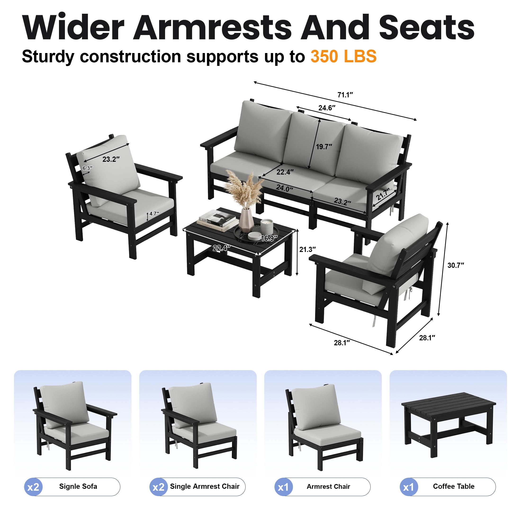 UDPATIO HDPE Patio Conversation Set, 6-Piece Sectional Outdoor Furniture Set, All-Weather Outdoor Couch Set for Deck, Lawn, Black Frame with Grey Cushion