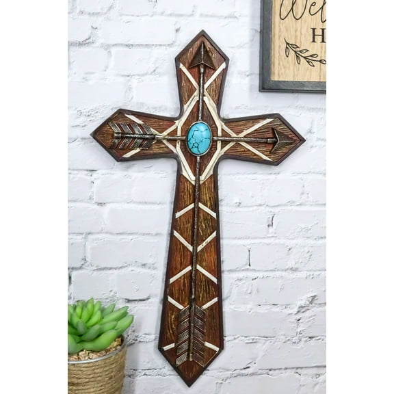 Rustic Western Boho Native Indian Arrows Turquoise Rock Faux Wooden Wall Cross