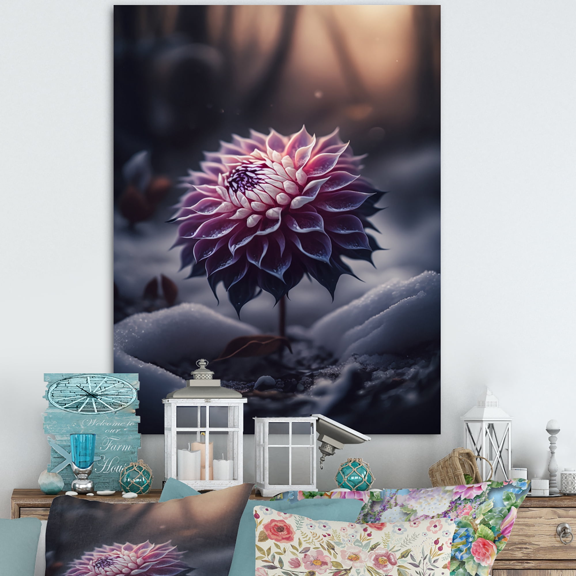 Designart A Blooming Purple Dahlia Flower In Winter II Canvas Wall Art