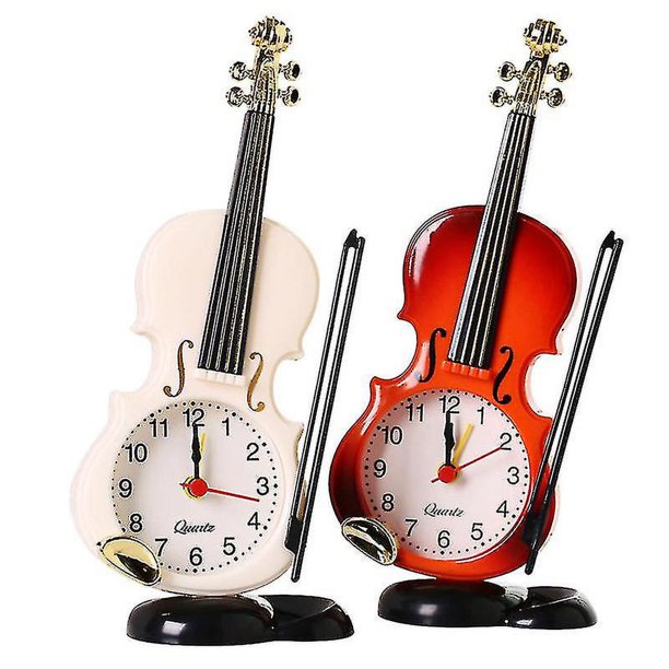 2 relojes de violín de simulación, relojes despertadores de escritorio, reloj decorativo para mesita de noche, dispositivos para despertar por la mañana sin batería, blanco y rojo