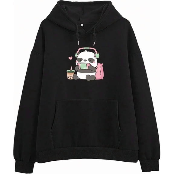 Cute Panda Graphic Oversized Hoodies For Teen Girls Kawaii Cartoon Sweatshirt Women Casual Cotton Fleece Pullover