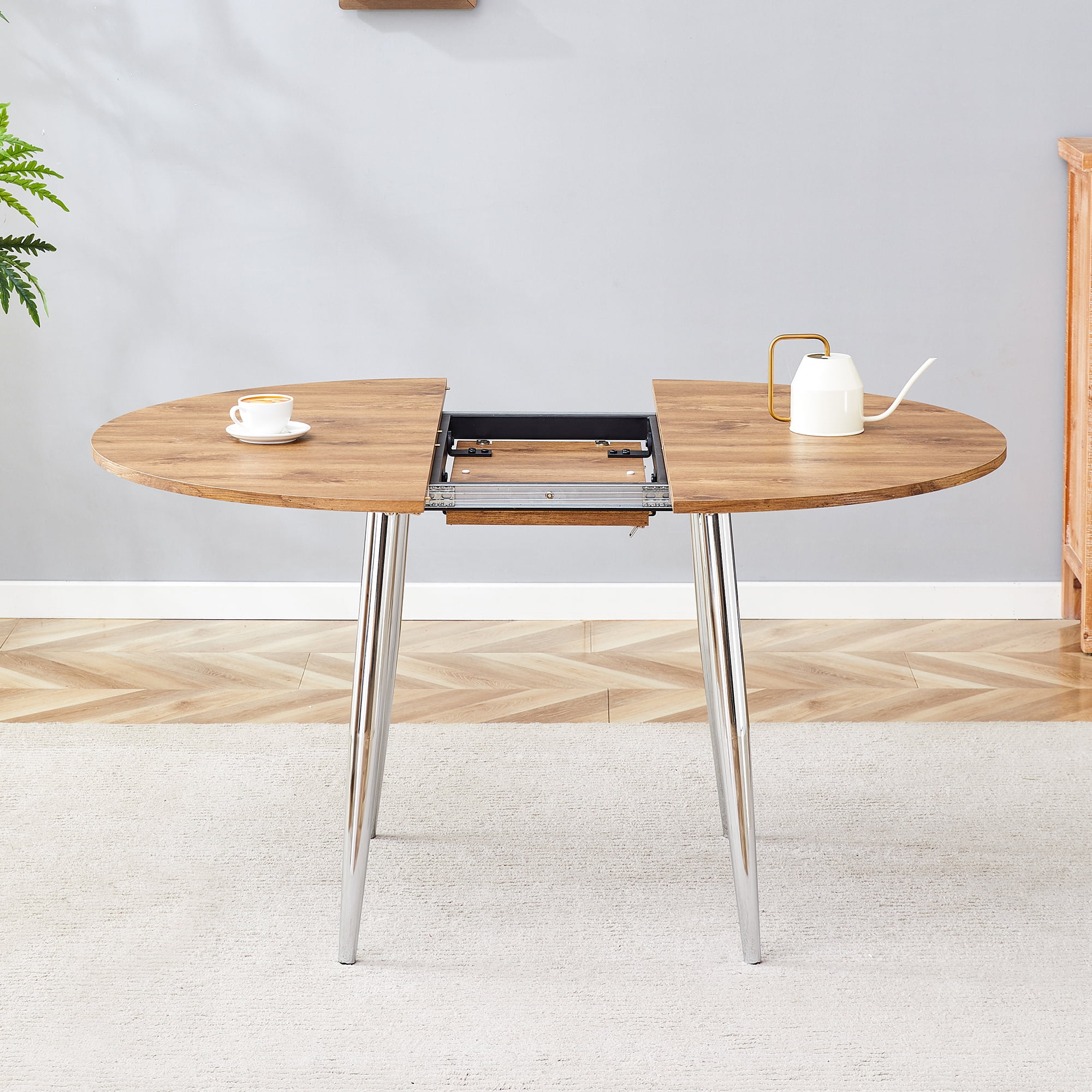 Mintazer Extendable Round to Oval Dining Table with Natural Wood Grain MDF Top & Chrome Metal Legs, Modern Kitchen Table for 4-6 People, Natural