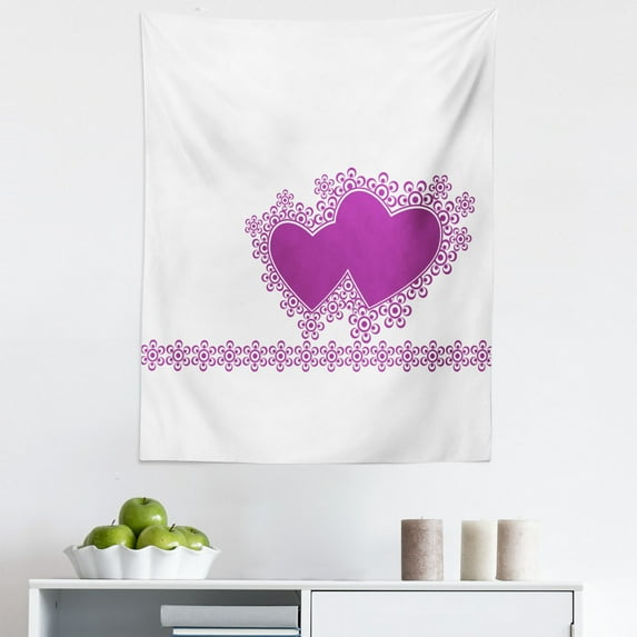 Love Tapestry, Heart Motifs Love Symbols Romantic Digital Illustration Print on Plain Backdrop, Fabric Wall Hanging Decor for Bedroom Living Room Dorm, 5 Sizes, White and Purple, by Ambesonne