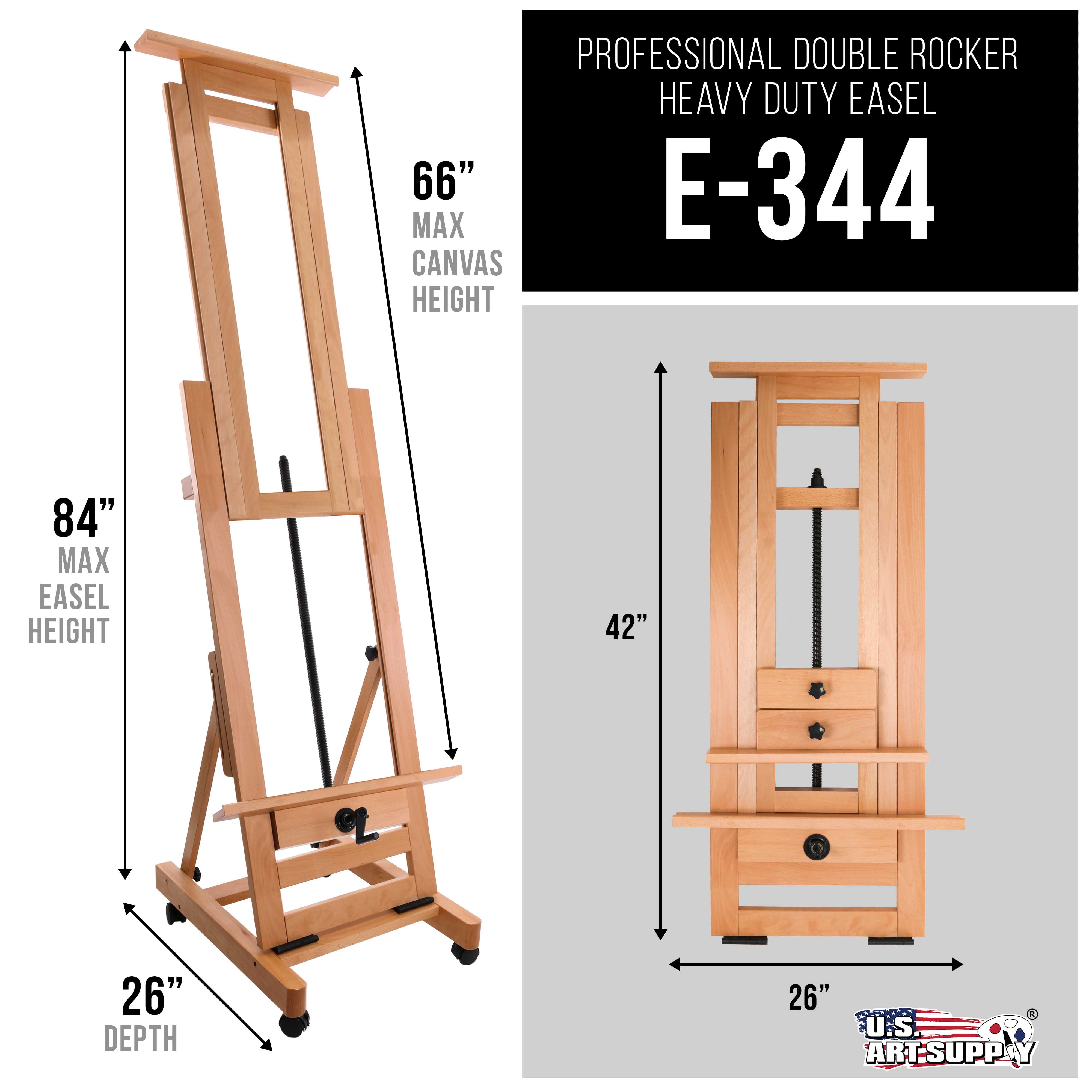 U.S. Art Supply Double Rocker Crank Heavy Duty XL Wooden Studio Floor Easel  - Sturdy Double Mast Adjustable H-Frame 