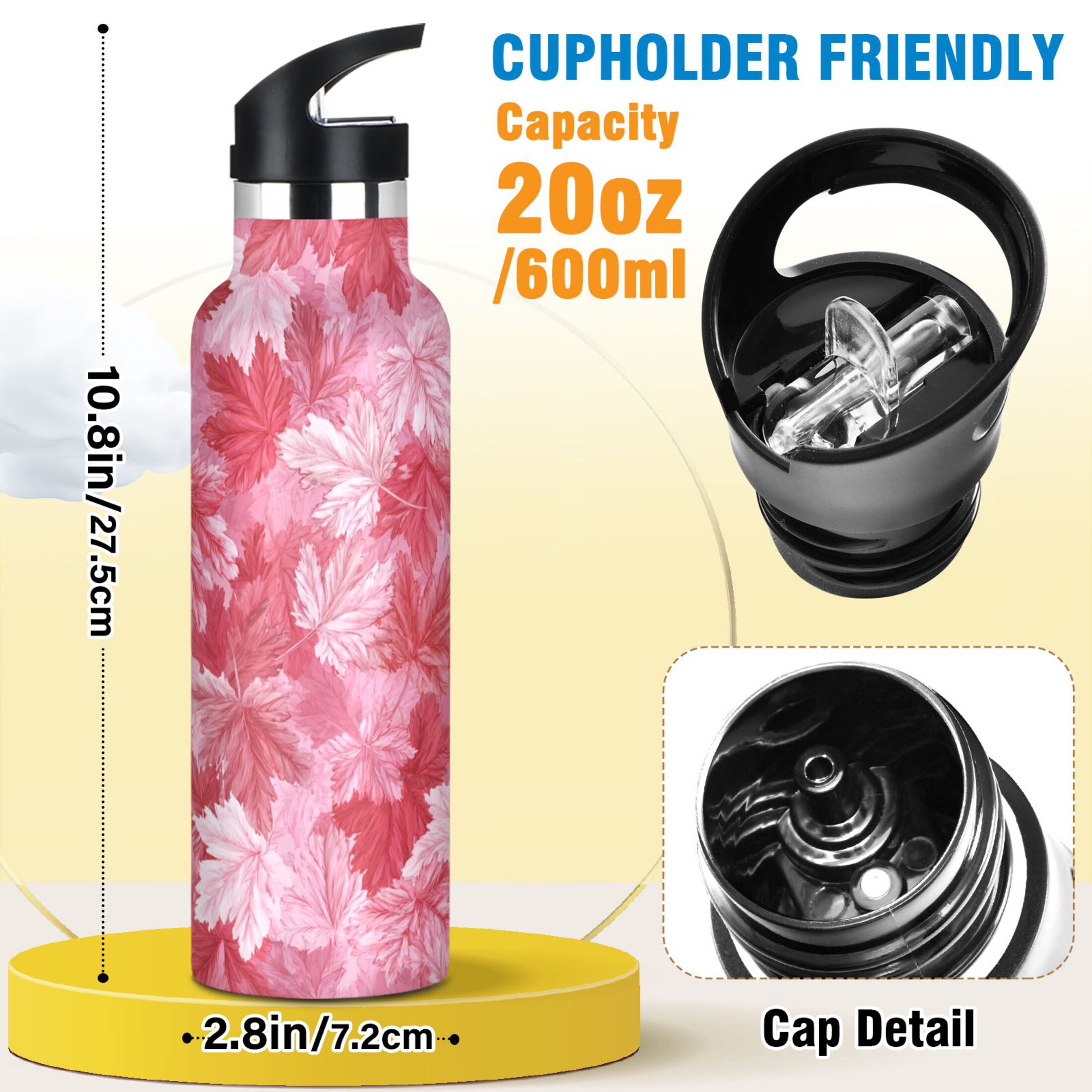 600ML Stainless Steel Insulated Cup Sports Water Bottle Portable Thermos Cup Water Glasses Insulated Tumblers Convenient and Durable Maple Leaf