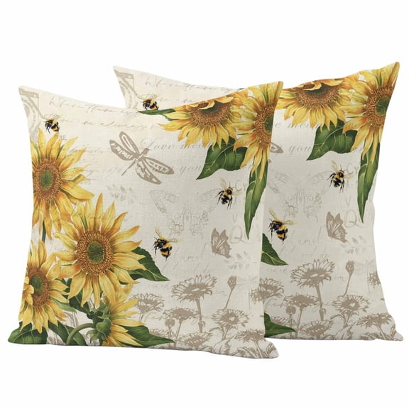 2 Pack Outdoor Waterproof Throw Pillow Covers,Watercolor Sunflower Bee Dragonfly Decorative Square Patio Pillowcases for Chair Couch Sofa 16x16in