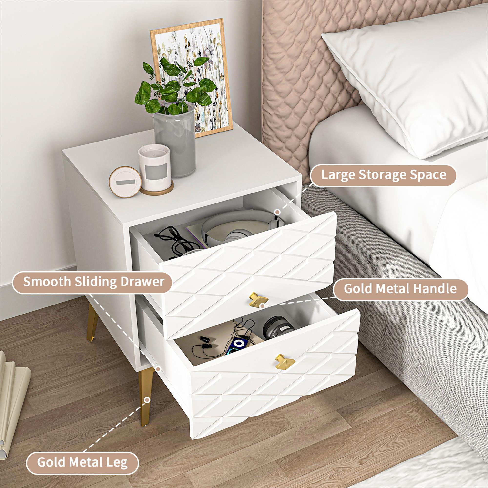 Finihen Carved Nightstand Set of 2, End Table with 2 Drawers, Dual Night Stand with Metal Legs, 21" Tall for Bedroom Living Room, White Finihen Carved Nightstand Set of 2, End Table with 2 Drawers, Dual Night Stand with Metal Legs, 21" Tall for Bedroom Living Room, White
