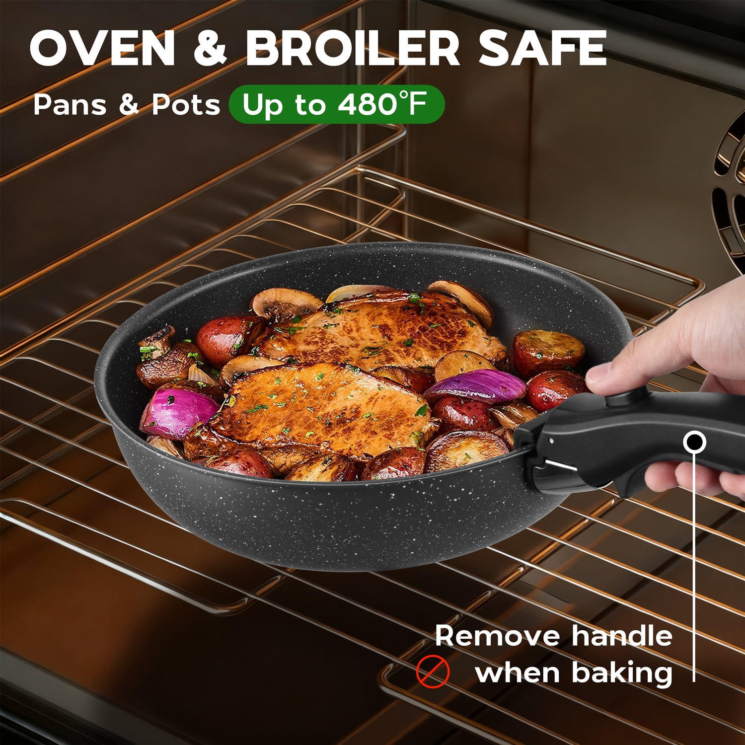 Walchoice 5Pcs Pots and Pans Set, Granite Nonstick Cookware Set with Detachable Handle, Stackable Kitchen Cooking Set with Saucepan Frying Pans, Induction Compatible & Oven Safe - Black