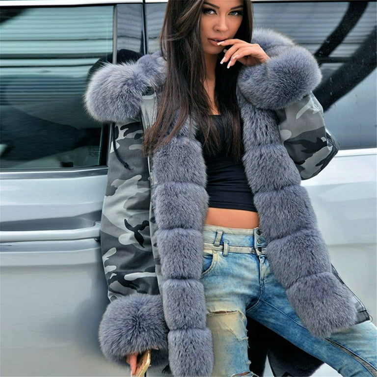WGOUP Women\'s Faux-Fur Camo-Coat Long Sleeve Fishtail Shaggy Jacket,Gray Hooded Winter Front Open Outwear