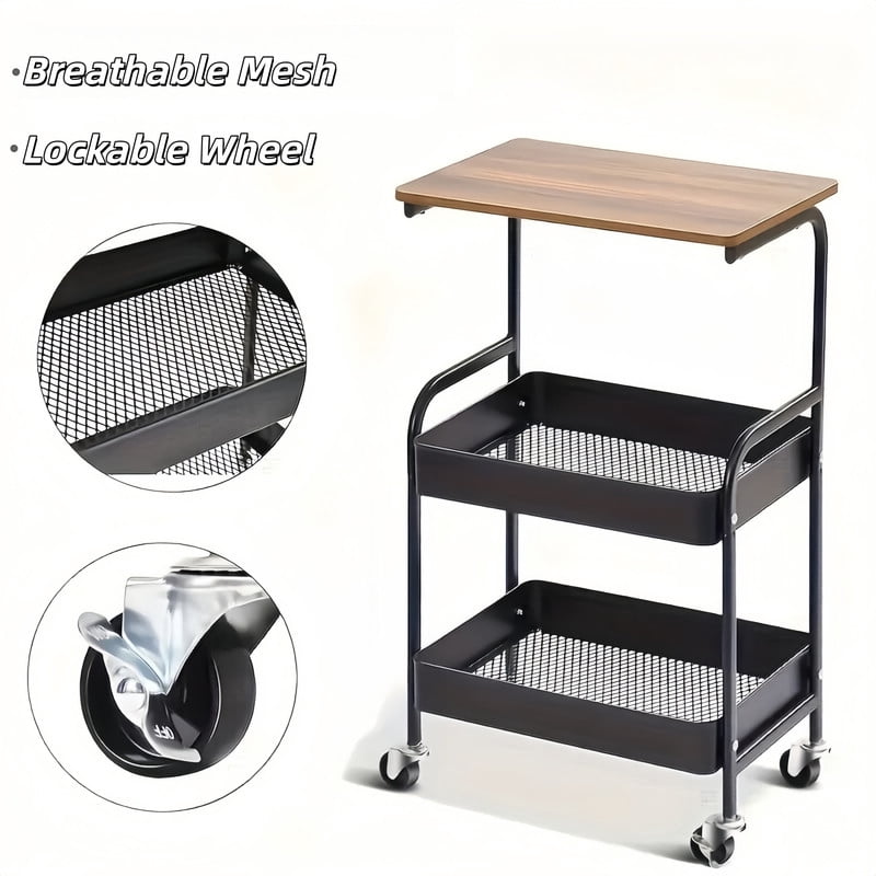Howcool 3-Layer Metal Rolling Cart with Lockable Wheel, Kitchen Storage Rack with Wooden Desktop
