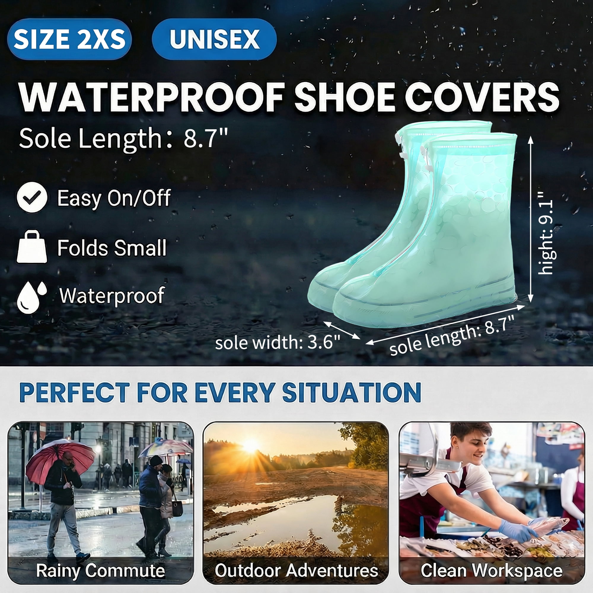 Unique Bargains Waterproof Shoe Covers Reusable Overshoes Green 3.5 WIDE