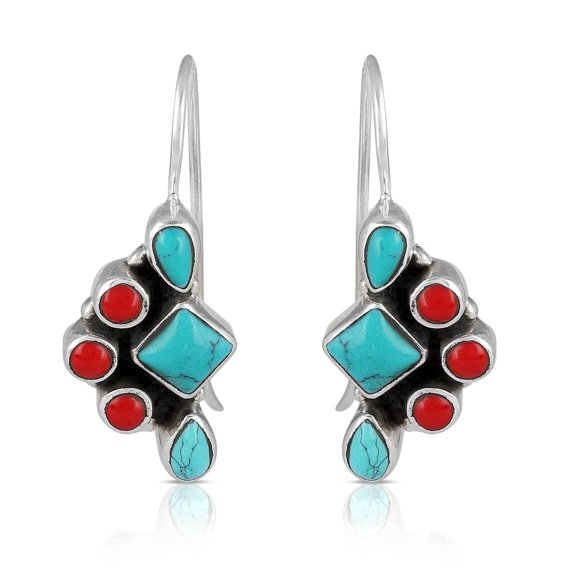 Gemshiner Dangle Blue, Red, Turquoise, Red Coral Earrings, Sterling Silver, 2.64 ct. t.w., 1 Pack