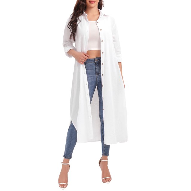 Vestido de camisa informal de vacaciones de manga larga con botones de camisas largas Eccomum Blanco/5XL