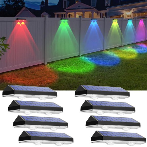 Luces solares para vallas LIANGLOME, blanco cálido y RGB, 6 colores (paquete de 8)