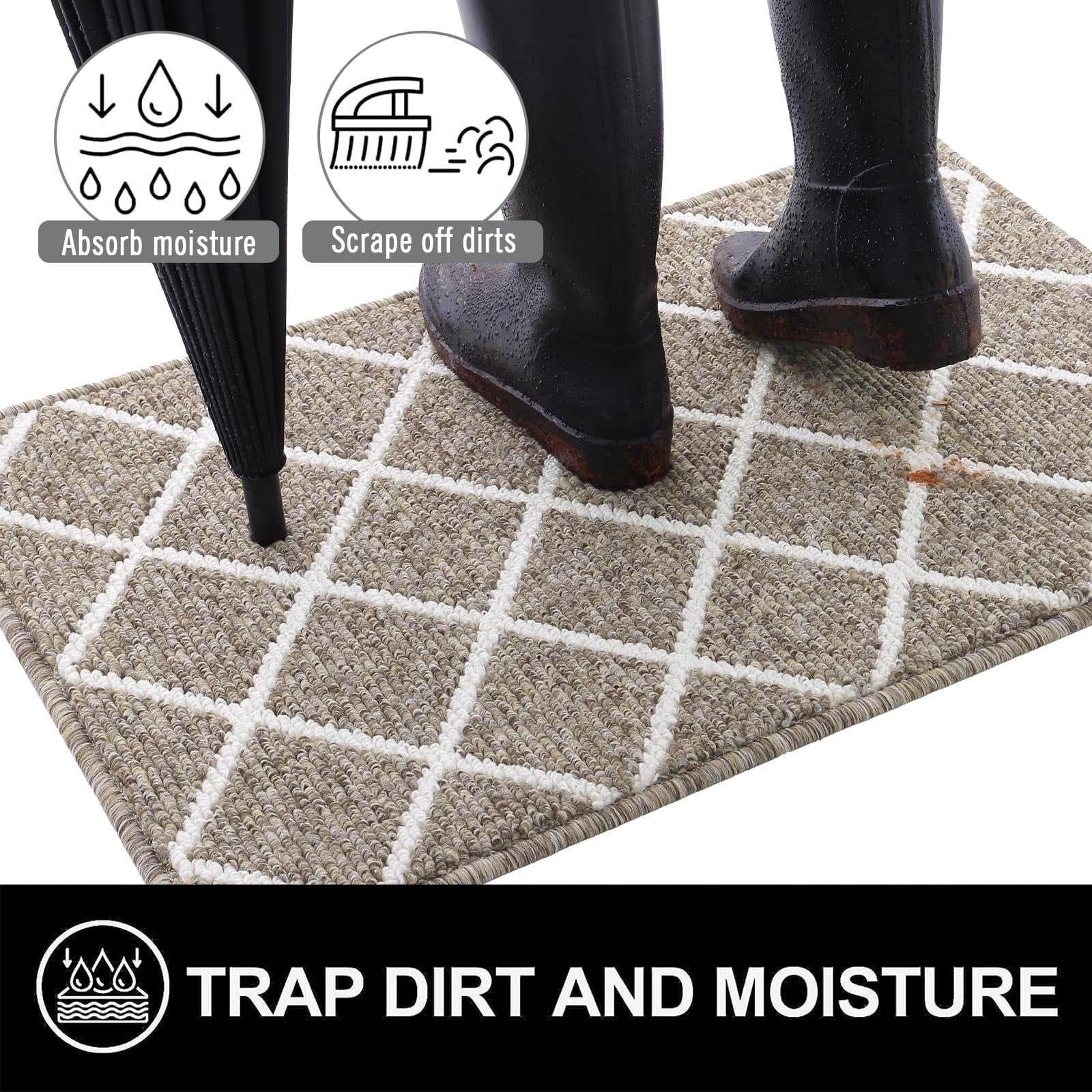 Buganda Indoor Door Mat, 24"x 36", Non Slip Low-Profile Entrance Rug Front Inside Doormats Dirt Trapper Entry Door Rugs for Entryway, Khaki