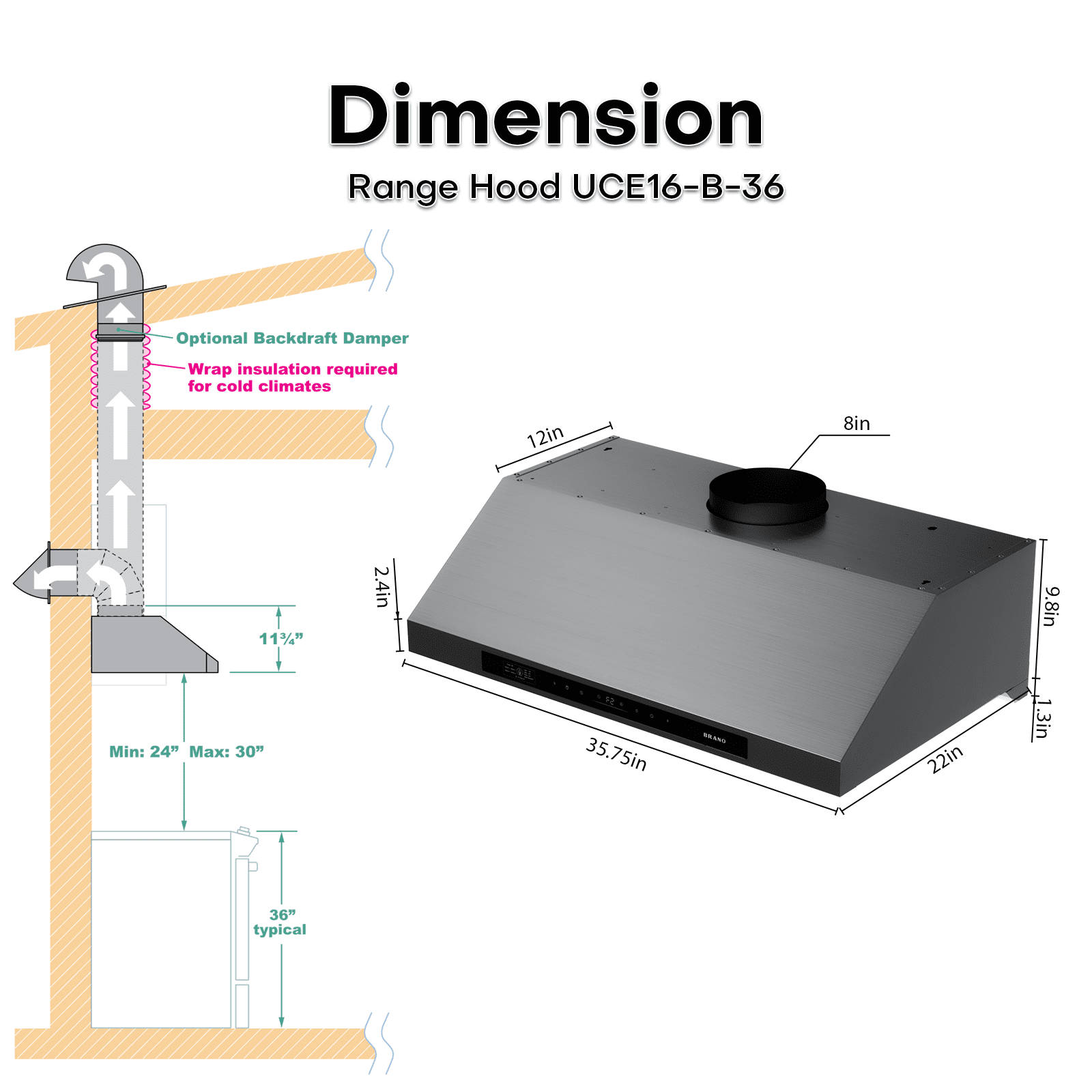 BRANO Under Cabinet Range Hood, 36 Inch, 1200 CFM DC Motor, 6-Speed Ducted Vent Hood, Voice/Gesture/Touch Control, Stainless Steel with PVD Titanium-Plated Finish, 8-Inch Round Duct