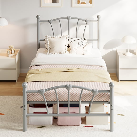 Heart Shaped Twin Metal Bed Frame with Headboard & Footboard, Grey Platform Bed with Sturdy Slat Support & Underbed Storage, No Box Spring Needed
