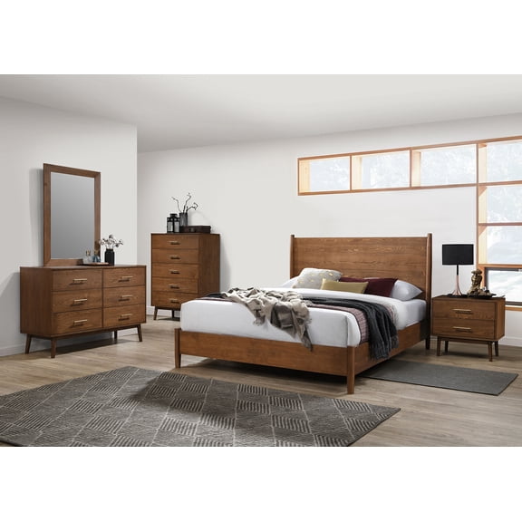 Walnut Finish Mid-Century Modern 6pc Bedroom Set Queen Size Bed Dresser Mirror Nightstands Chest Furniture