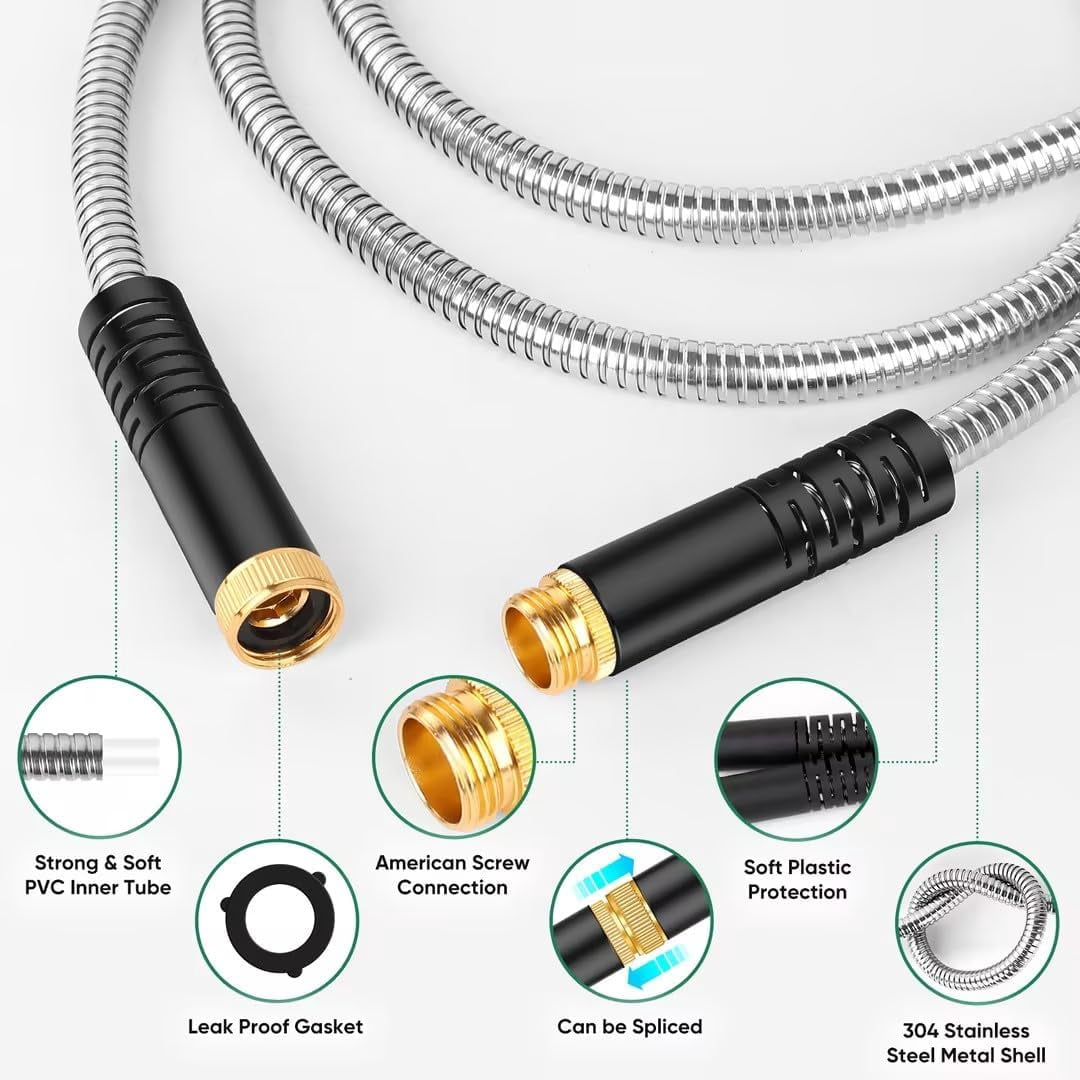 Garden Hose 50FT, Stainless Steel Heavy Duty Water Hose with 10 Function Nozzle, No-Kink, Tough & Flexible, Sturdy and Lightweight, Rust Proof for Yard, Outdoor, RV