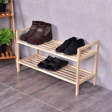 2 Tier Solid Wood Shoe Rack Shelf Storage Organizer Wooden Slats