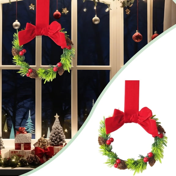 Christmas Front Door Wreath 1PC, Red Berry Pinecone Greenery Ring, Rustic Holiday Hanging Decor with Gold Ribbon for Entryway Wall Window Indoor Outdoor Display