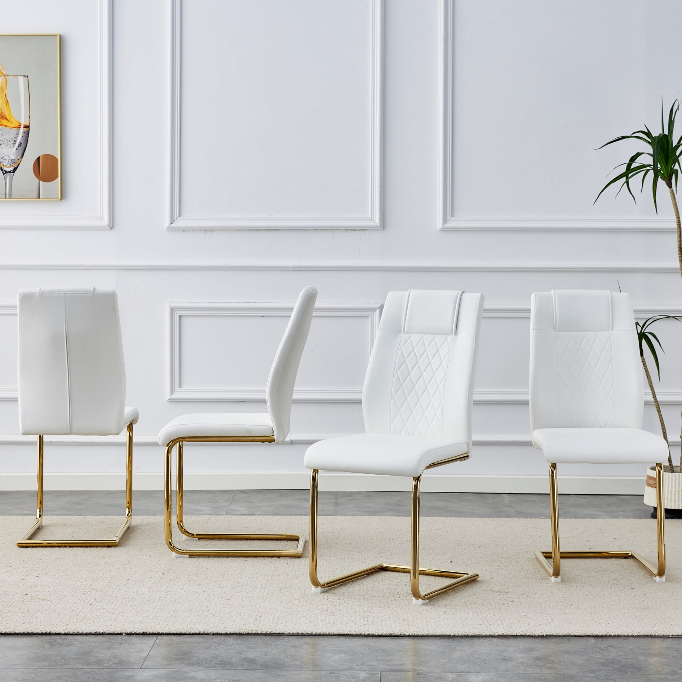 Noble House Modern Upholstered Dining Chairs, Faux Leather Padded Seat Side Chair, Golden Metal Legs, White, Set of 4