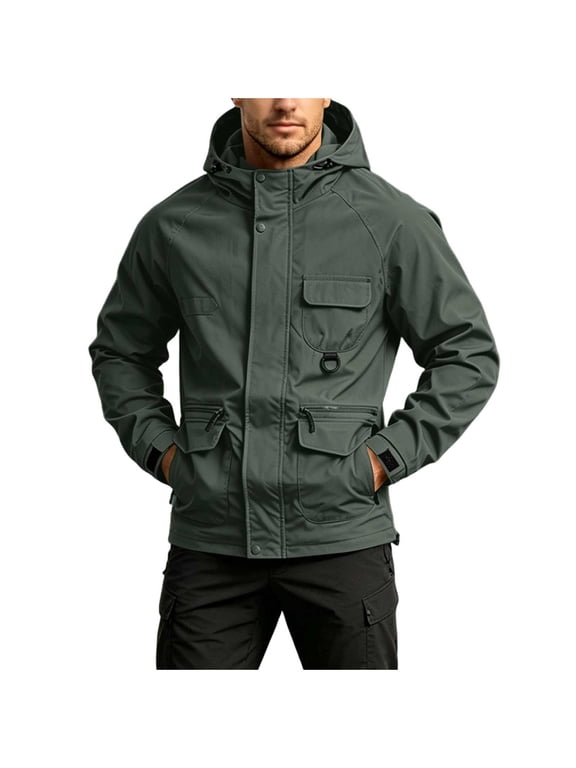 MenS Tactical Hooded Field Jacket, Snap And Zip Closure, Multi Pocket Design, Regular Fit for Outdoor Hiking & Daily Commute Army Green M