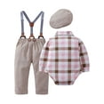 thumbnail image 2 of WESIDOM Boy Toddler Formal Clothes 0-18M Plaid Shirt Bowtie Suspender Pants  Hat Cotton Fabric 4PCS, 2 of 14