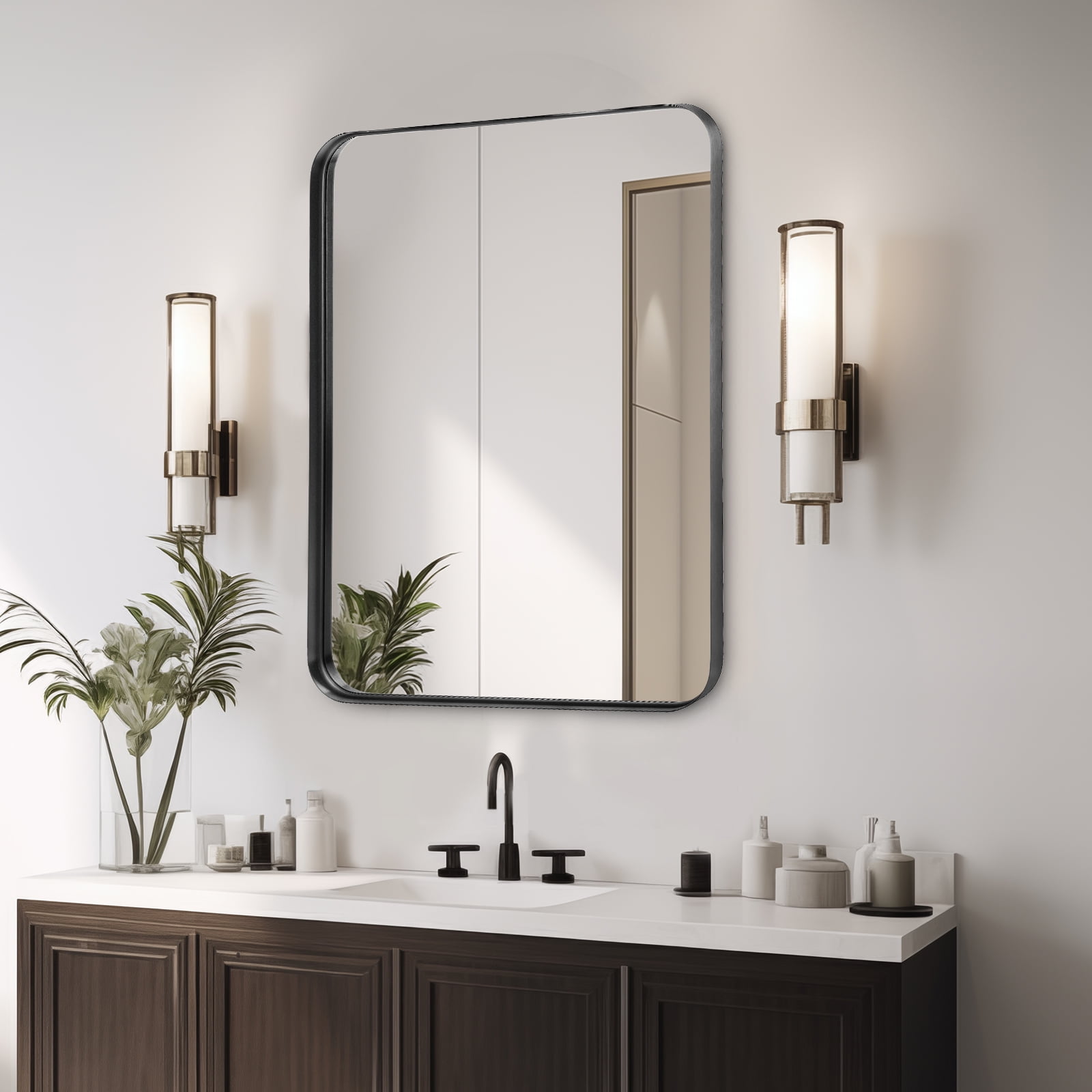GIANNA Bathroom Mirror 40"x 30" for Wall, Matte Rounded Rectangle Wall Mirror with Metal Frame, Black