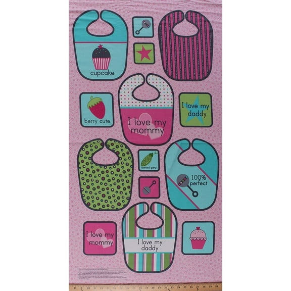 23.5" X 44" Panel Bibs Sew A Bib "I love My Mommy" I Love My Daddy" Cupcakes Rattles Sweet Peas Hearts Words Pink Blue Little One Kids Girl Babies Organic Cotton Fabric Panel (AKE-11475-SWEET-PEA)