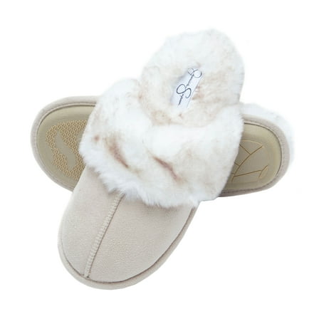 Jessica Simpson Comfy Faux Fur Womens House Slipper Scuff Memory Foam Slip On Anti-Skid Sole