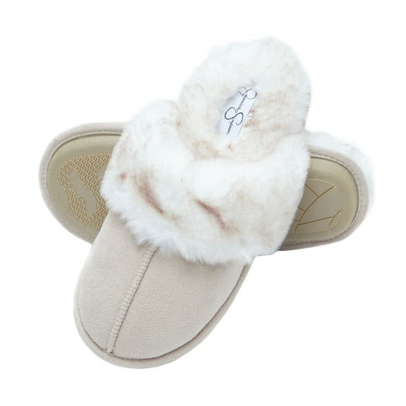 Jessica Simpson Comfy Faux Fur Womens House Slipper Scuff Memory Foam Slip On Anti-Skid Sole