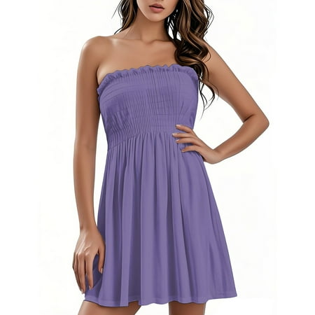 OAMDNDEA Vacation Dresses for Women 2025 Sleeveless Strapless Sun Dresses Summer Solid Color Beach Coverups Cute Sexy Off the Shoulder Tube Top Dress Beach Vacation Clothes Purple XL