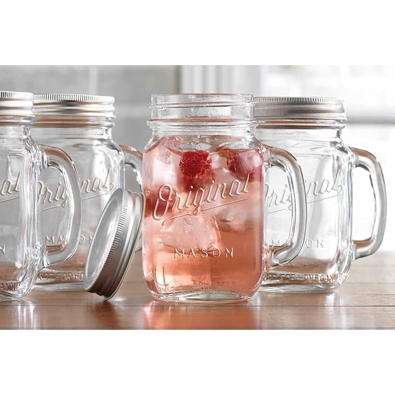Glaver's Mason Jar 16 Oz. Glass Mugs with Handle and Lid Set Of 4 - Home & Beyond - Old Fashioned Drinking Glass Bottles Original Mason Jar Pint Sized Cup Set.