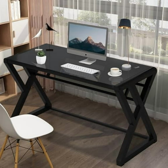 MANBUR Computer Desk, Tempered Glass Computer Table Desk with Metal Frame, Modern Simple Style Desk 55 in Study Writing Desk Workstation for Home Office (Black)