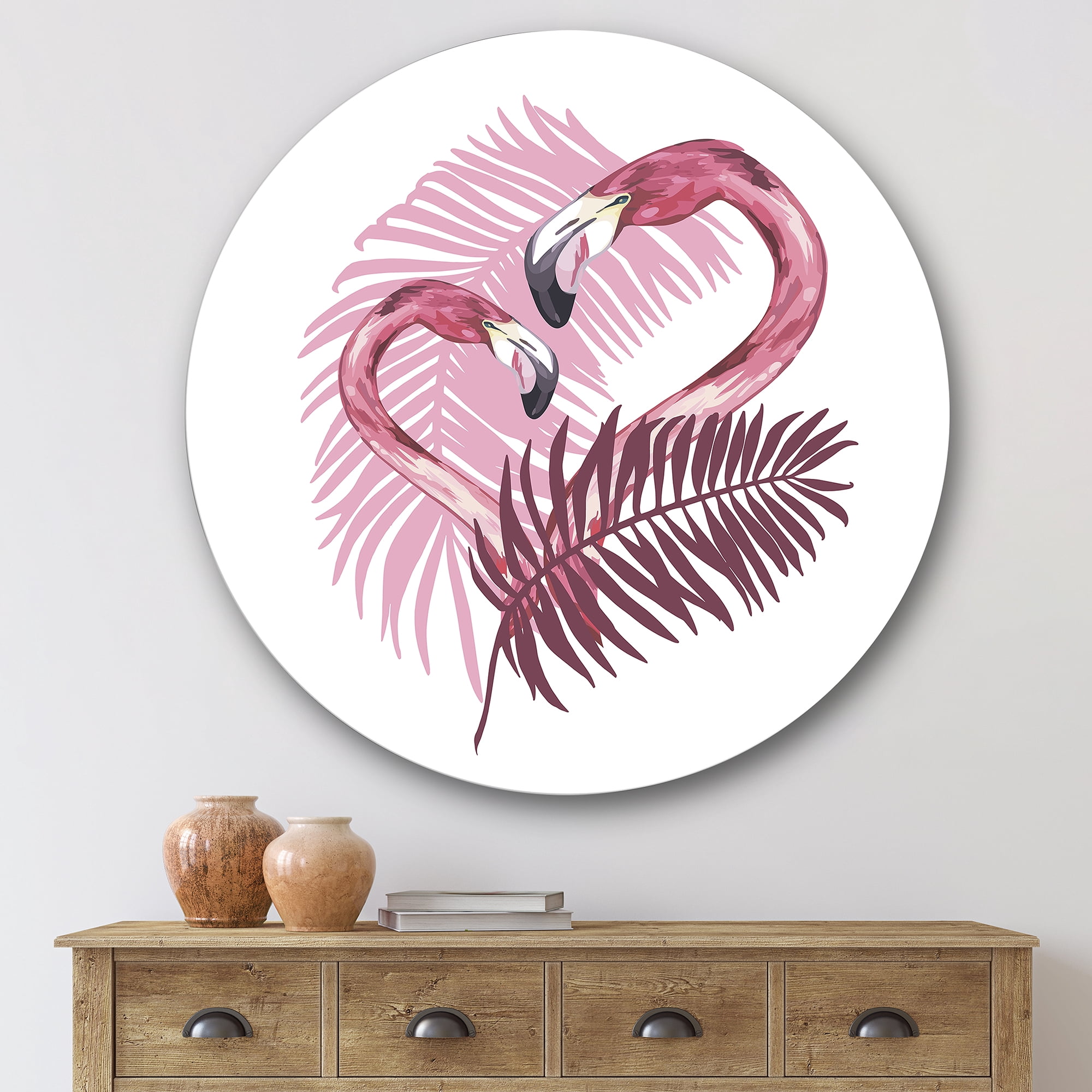 Designart 'Pink Flamingo In Tropical Summer I' Traditional Circle Metal Wall Art 29x29 - Disc of 29