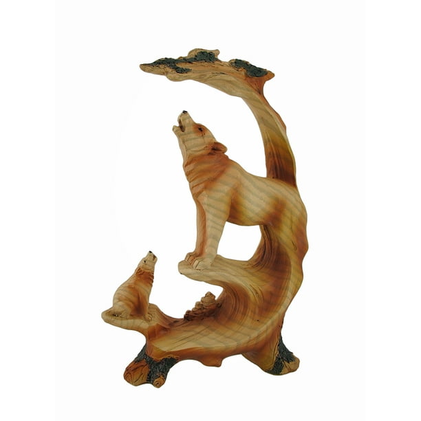 Howling Mountain Wolves Faux Wood Carving Statue