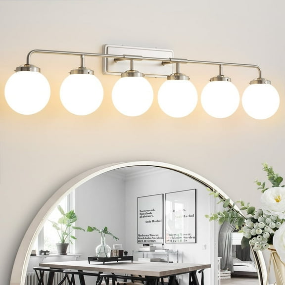 Deyidn 6-Light Modern Vanity Light, Nickel Bathroom Light Fixture with Milk White Glass Globes, 45 Inch Bathroom Wall Sconce for Mirror
