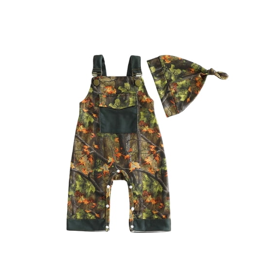 Cjfdfy Newborn Baby Boy Overalls And Hat Set Maple Leaf Print Sleeveless Jumpsuit With Pockets Suspender Pants For Toddler Cute Baby Boy Clothes Hunting Outfit Romper Hat Set Size 0-18 Months