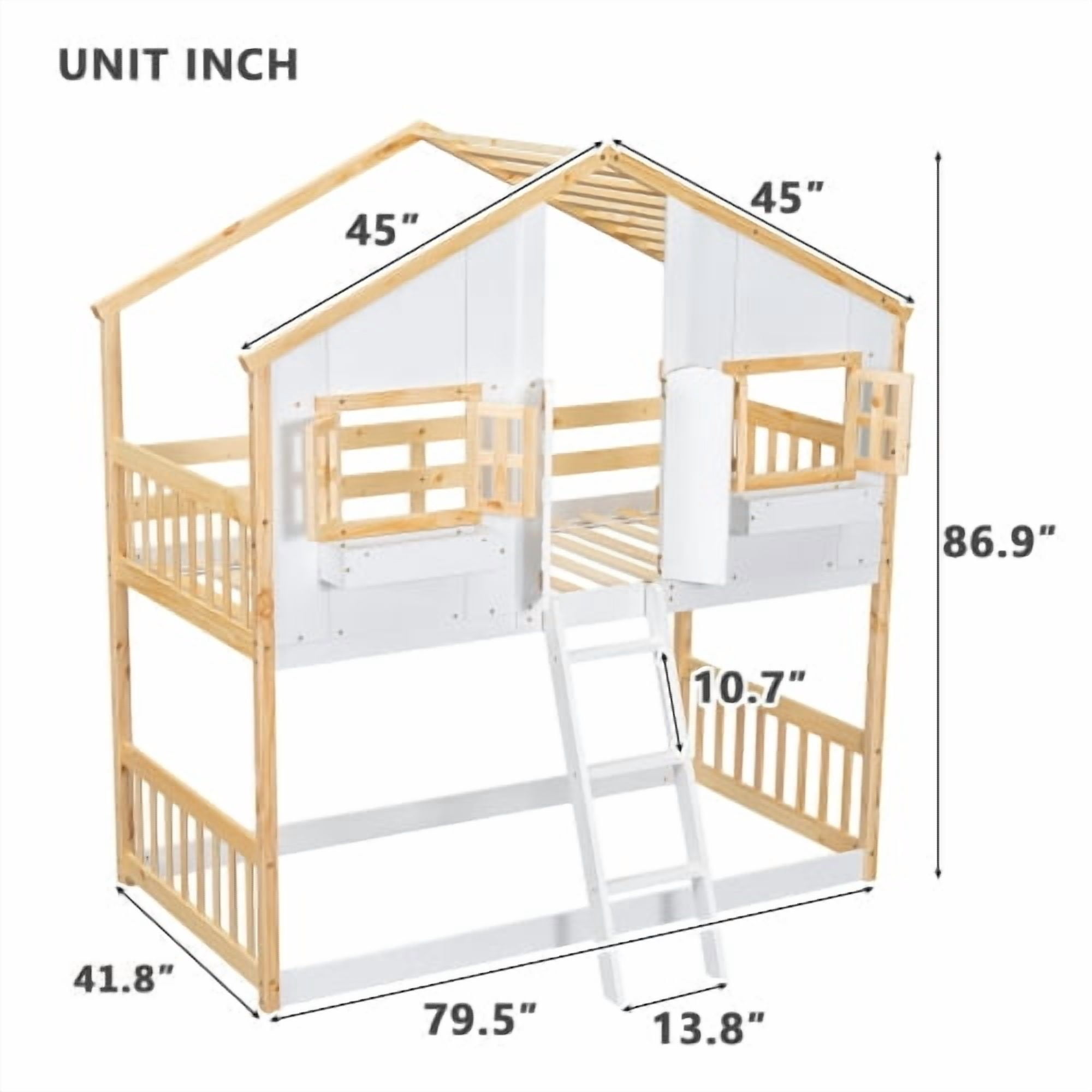 Sailvan Twin over Twin House Bunk Bed with Roof and Window, Low Height Safety Design Natural&White