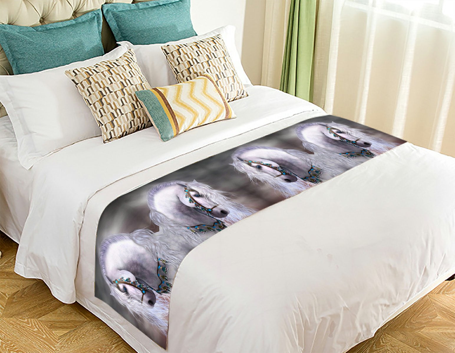GCKG Artistic White Horse Unique Bed Runner Bedding Scarf Bedding Decor