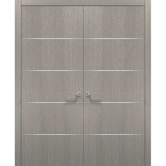 French Double Interior Doors with Hardware | Planum 0020 Grey Oak | Panel Frame Trims | Bathroom Bedroom Interior Sturdy Door-36" x 84" (2* 18x84)