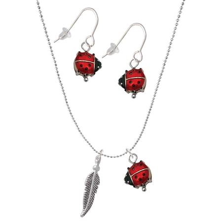 Delight Jewelry Silvertone 3-D Feather Red Lucky Ladybug Necklace and Dangle Earrings Set