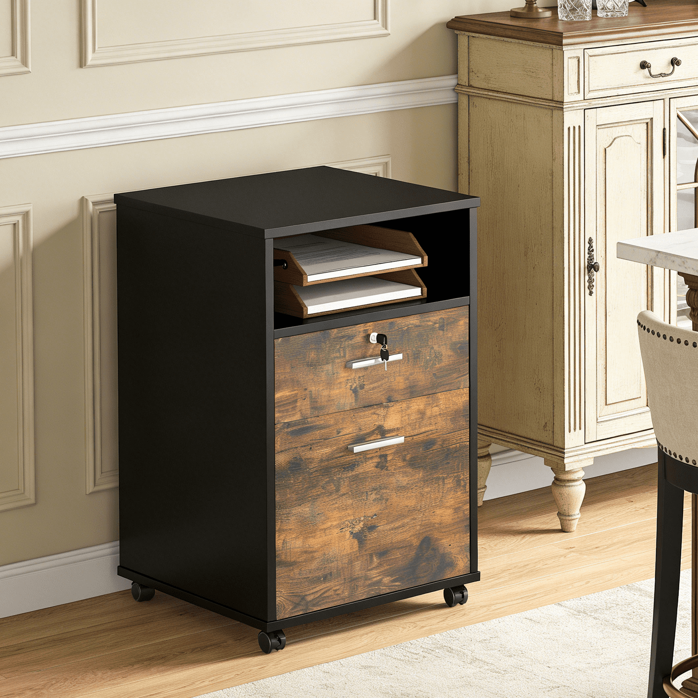 Fnova 2-Drawer Mobile File Cabinet with Rollers, Wood Modern Filing Cabinet with Lock and Key for Letter Size, Caninet with Open Shelf for Home Office, Brown