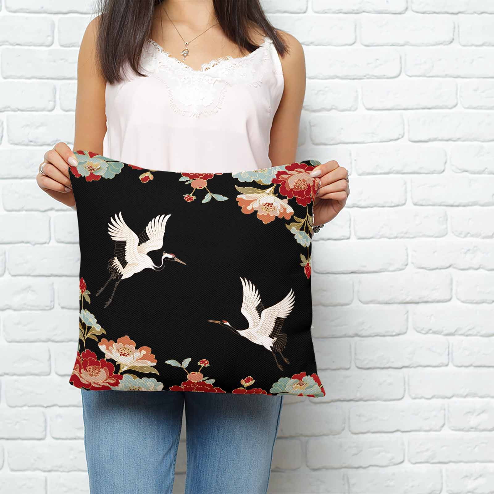 Throw Pillow Covers 26x26 Inch, Black Crane Decorative Pillow Cases for Couch Sofa Bed, Vintage Red Teal Spring Floral Botanical Cotton Linen Square Home Decor Pillowcases with Hidden Zipper